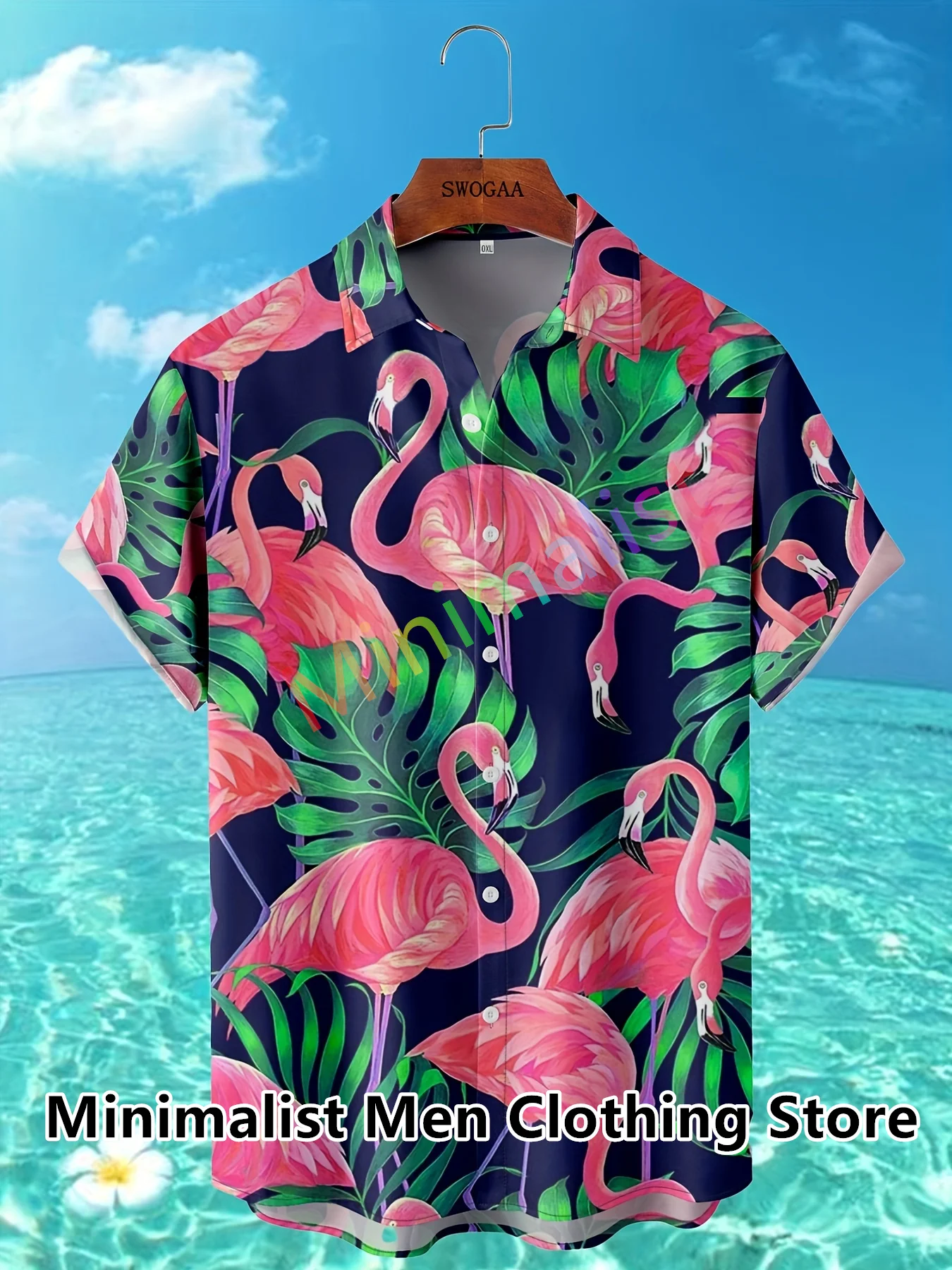 2023 Leaf and Flamingo Print Shirt For Men Hawaiian Casual Beach Short Sleeve Fashion Tops Male Blouse Summer Clothing 3