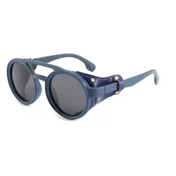 Steampunk Shields Unisex Round Sunglasses with Side Leather and UV400 Protection (Blue Blue)