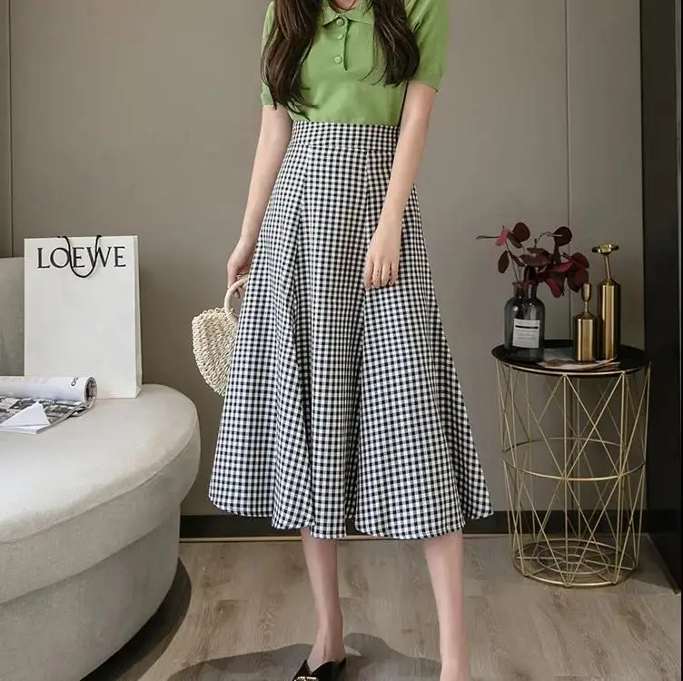 

Big Hem skirts New 2022 Spring Summer Vintage Long Plaid Skirt Women Korean Fashion Invisible Zipper A Line High Waist Skirt