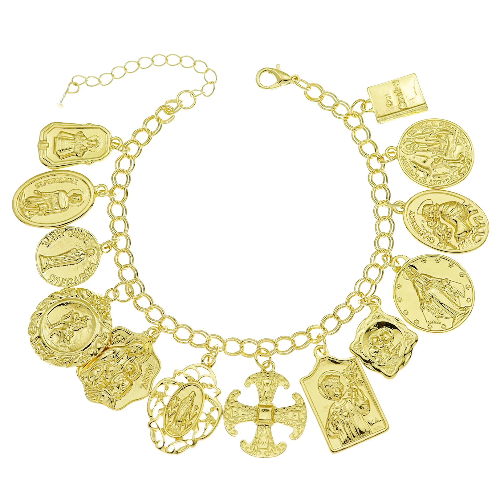 Vintage Bracelet Catholic Religious Medals Saints Cross Pendant Link Chain Women Man Charms Bangle Jewelry Gifts