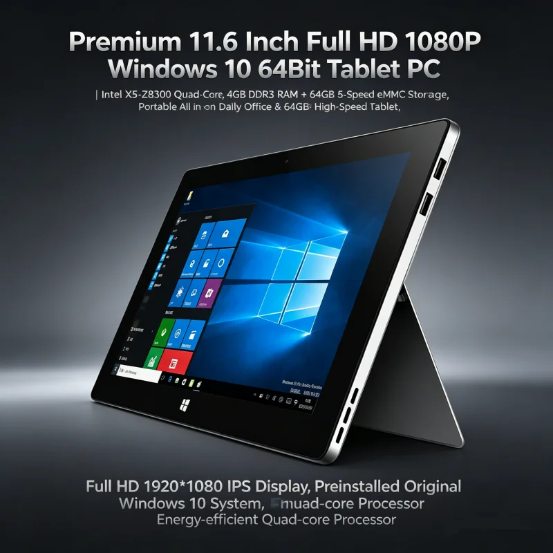 프리미엄 11.6인치 풀 HD 1080P 윈도우 10 태블릿 PC 64비트 인텔 X5-Z8300 쿼드코어, 4GB DDR3 RAM + 64GB 고속 eMMC 스토리지