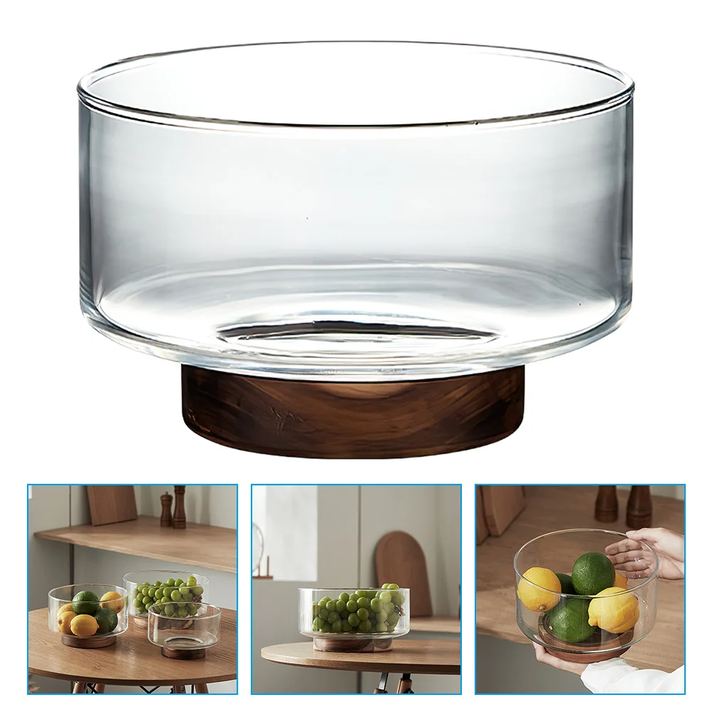 

Cabilock Home Decor Glass Fruit Bowl Japanese Style Salad Container Snack Dessert Holder Wooden Base Kitchen