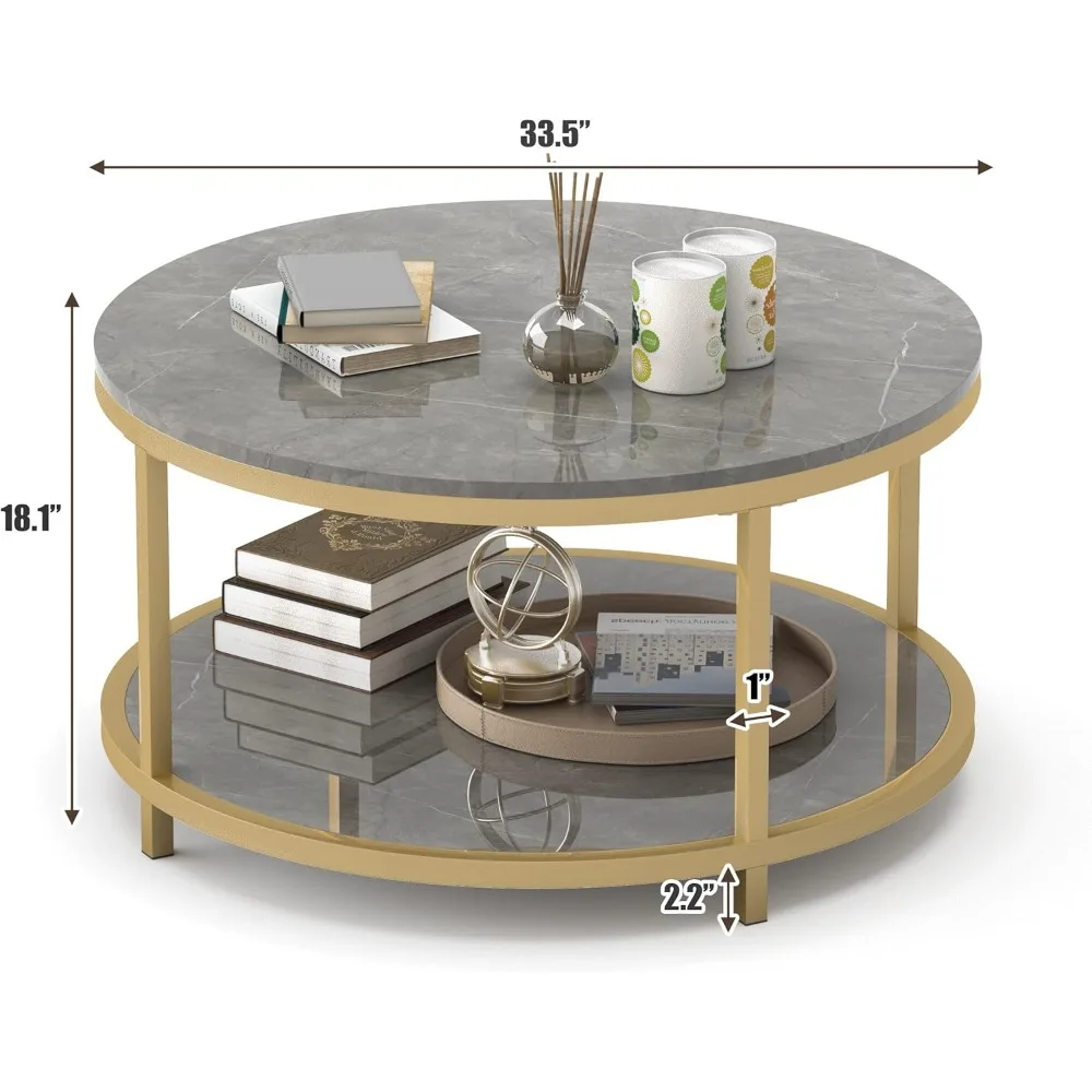 Round Coffee Table 33.5" Coffee Tables for Living Room High Glossy Faux Marble Top Modern Circle Table Sturdy Gold Metal 2