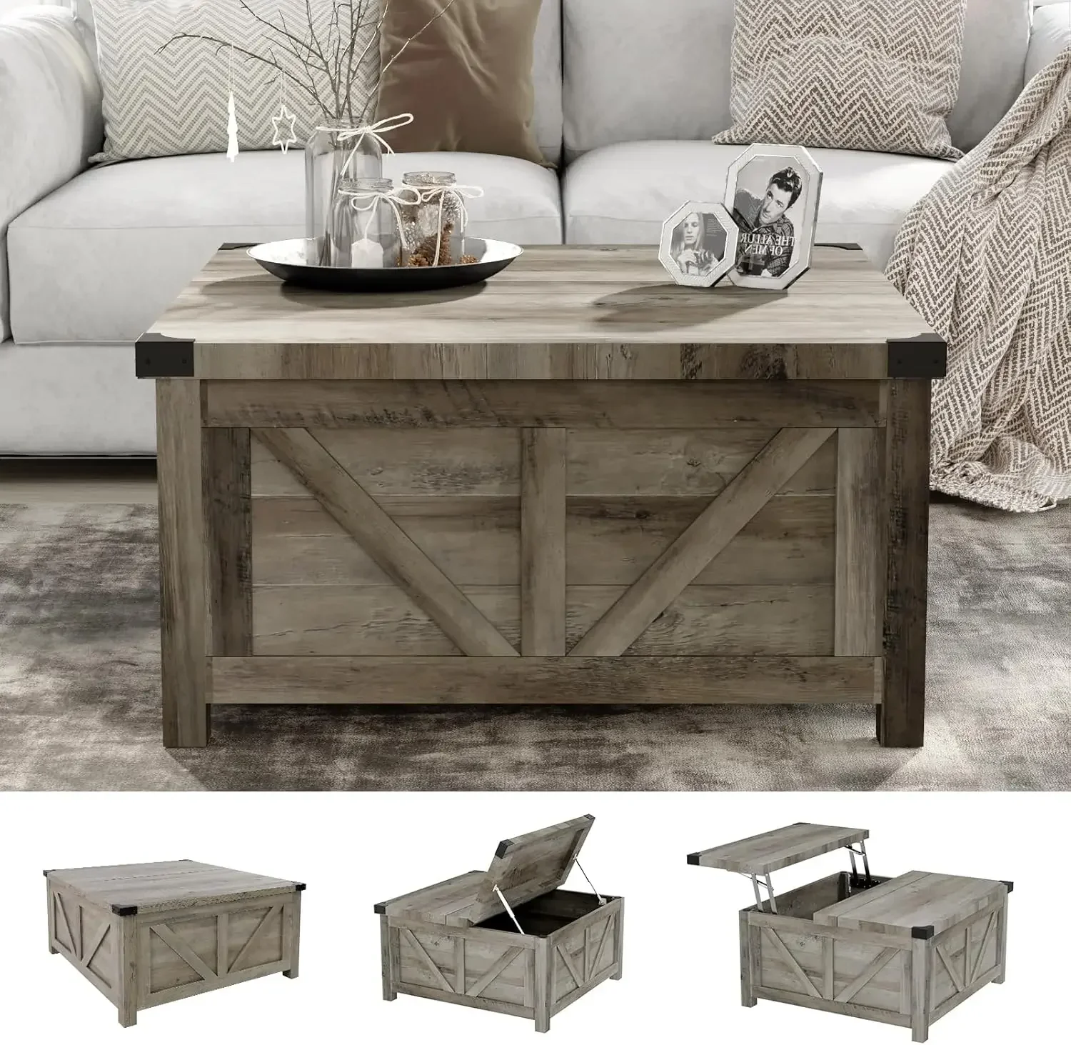Farmhouse Lift Top Coffee Table with Storage, Central Table w/Large Hidden Space, for Living Room, Bedroom, Home Office 5