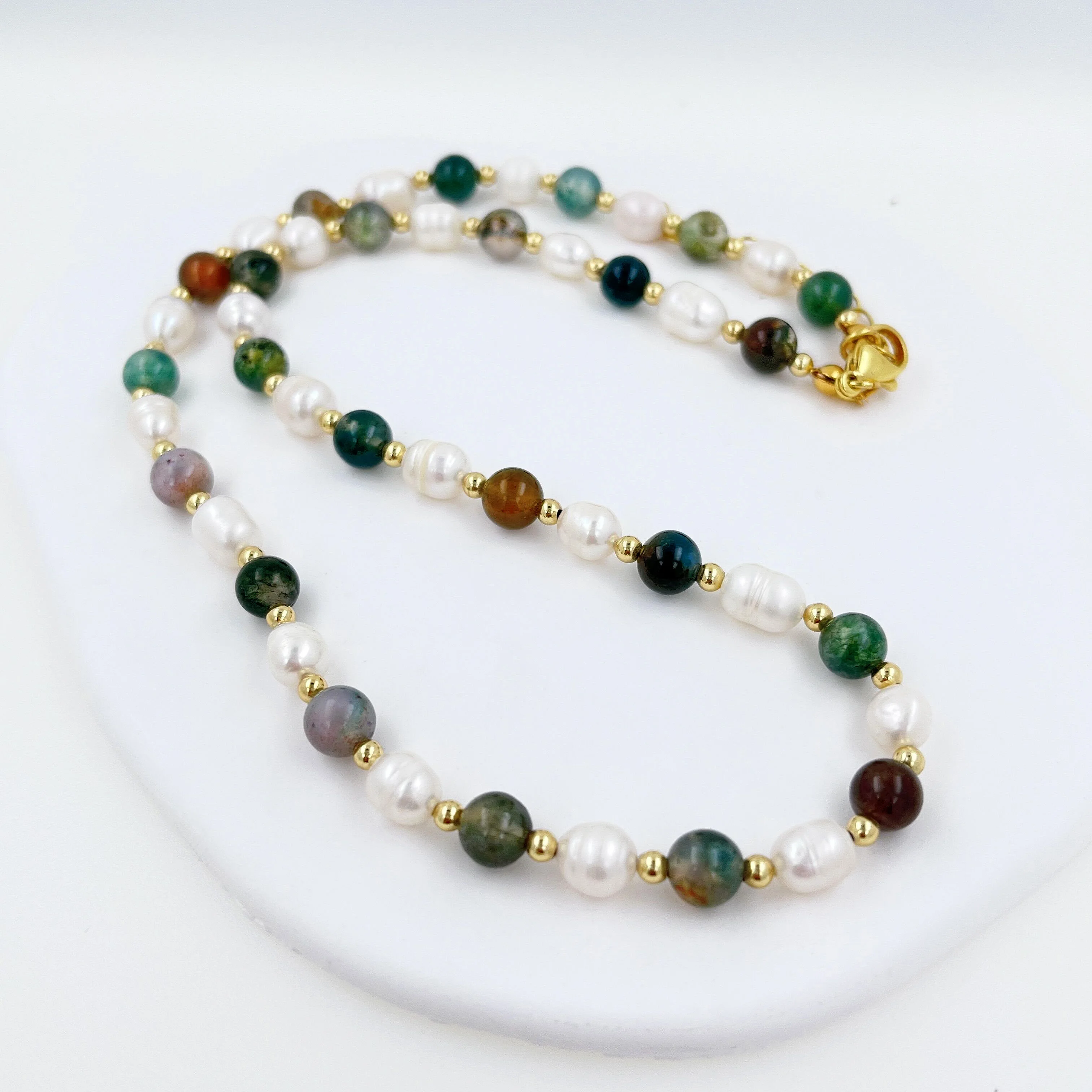 Beaded Necklace Natural Stone Baroque Fresh Water Pearl Necklace Colour India Agate Bead Clavicle Chain Trendy Charm Handmade Jewelry Women