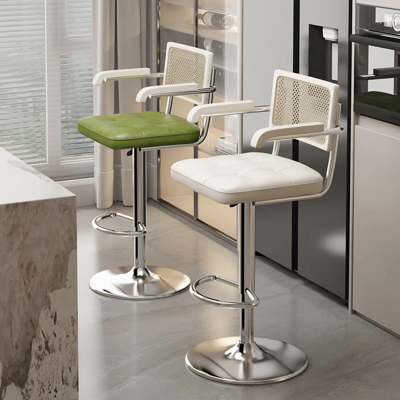 Luxe Retro Bar Seat Adjustable Rattan Backrest Chair Swivel Front Desk Checkout Foot Stool Home Kitchen Island Dining Seat
