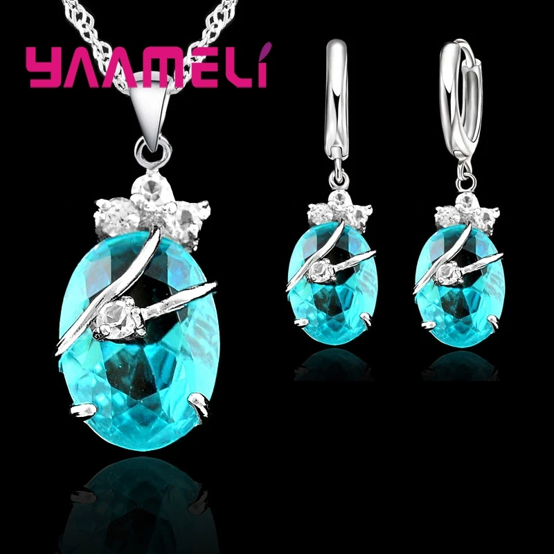 Jewelry Sets For Women 925 Sterling Silver Crystal Stone Pendant Charms Wedding Necklace Hoop Earrings