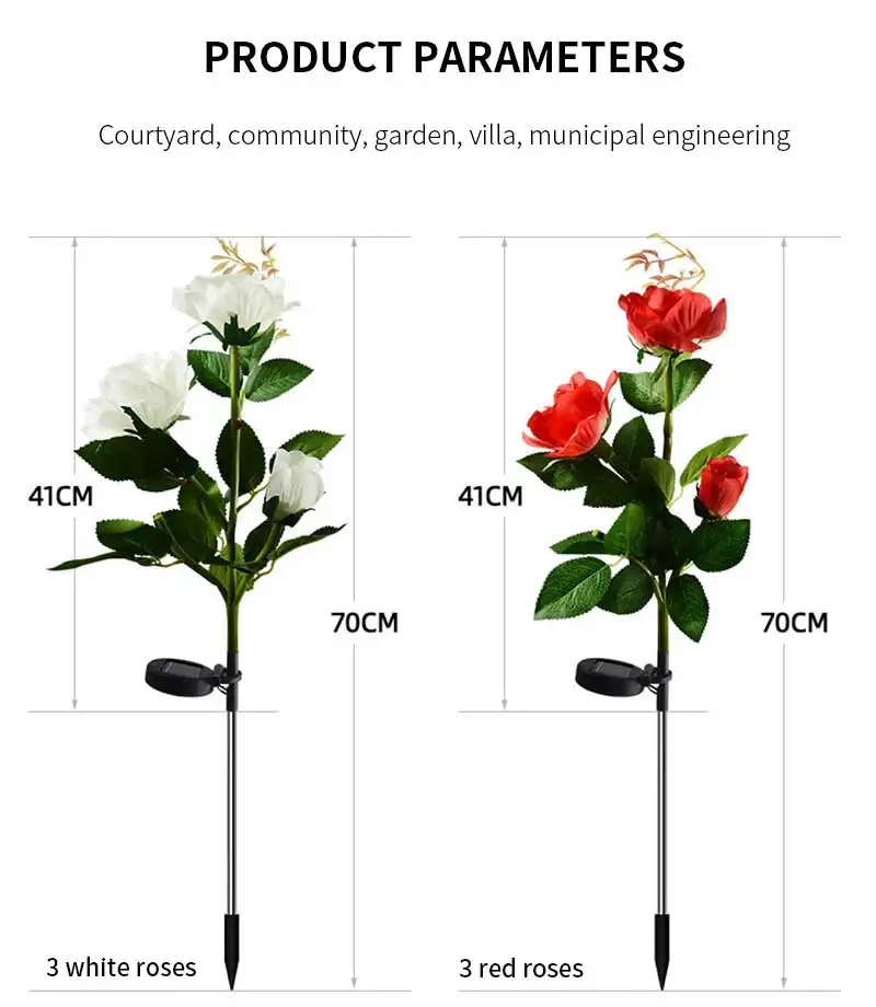 3 Head LED Solar Simulation Rose Flower Light Garden Yard Lawn Night Lamp Waterproof Landscape Rose Light Home Decoration