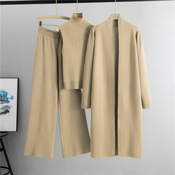 Women's 3 - Piece Fashion Knitted Cardigan and Pant Set - One Size (Khaki)