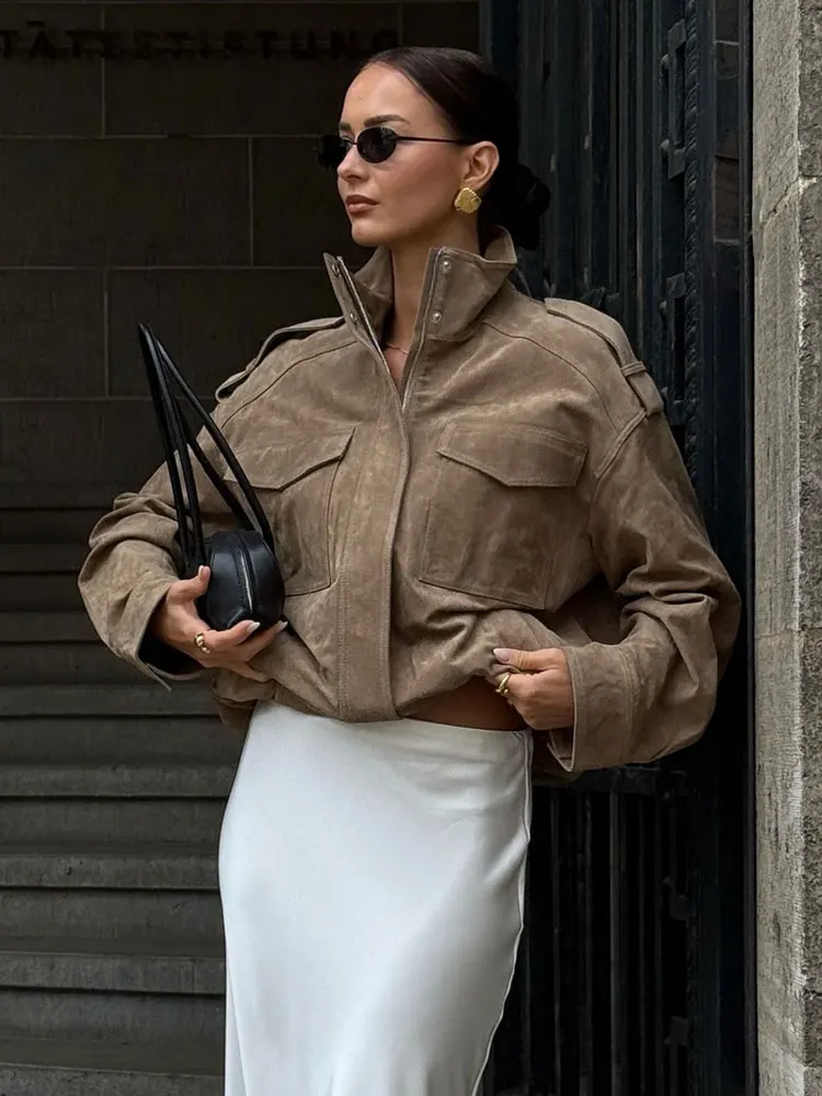 HH Women Fashion Khaki Suede Coat Turtleneck Long Sleeve Zipper Jackets With Pockets 2025 Autumn Vintage High Street Outwear Top