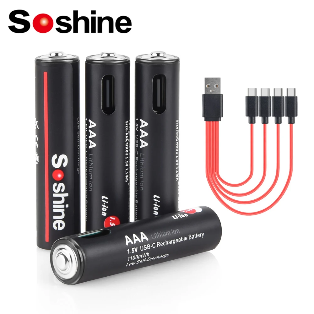 SOSHINE AAA Rechargeable Battery 1.5V 1100mWh Lithium USB Li ion Rechargeable Battery with 4 in 1 Cable for Flashlight Toys Camera