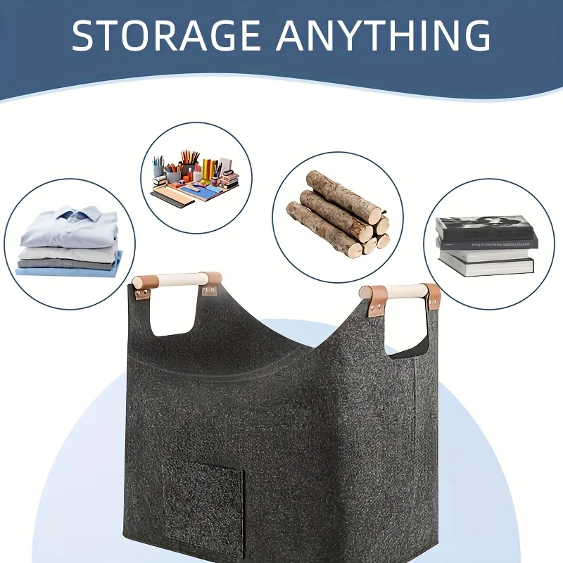 1pc Extra Large Foldable Felt Firewood Basket, Heavy Duty With Reinforced Handles - Multi-use Storage - Dark Grey_voghion.com