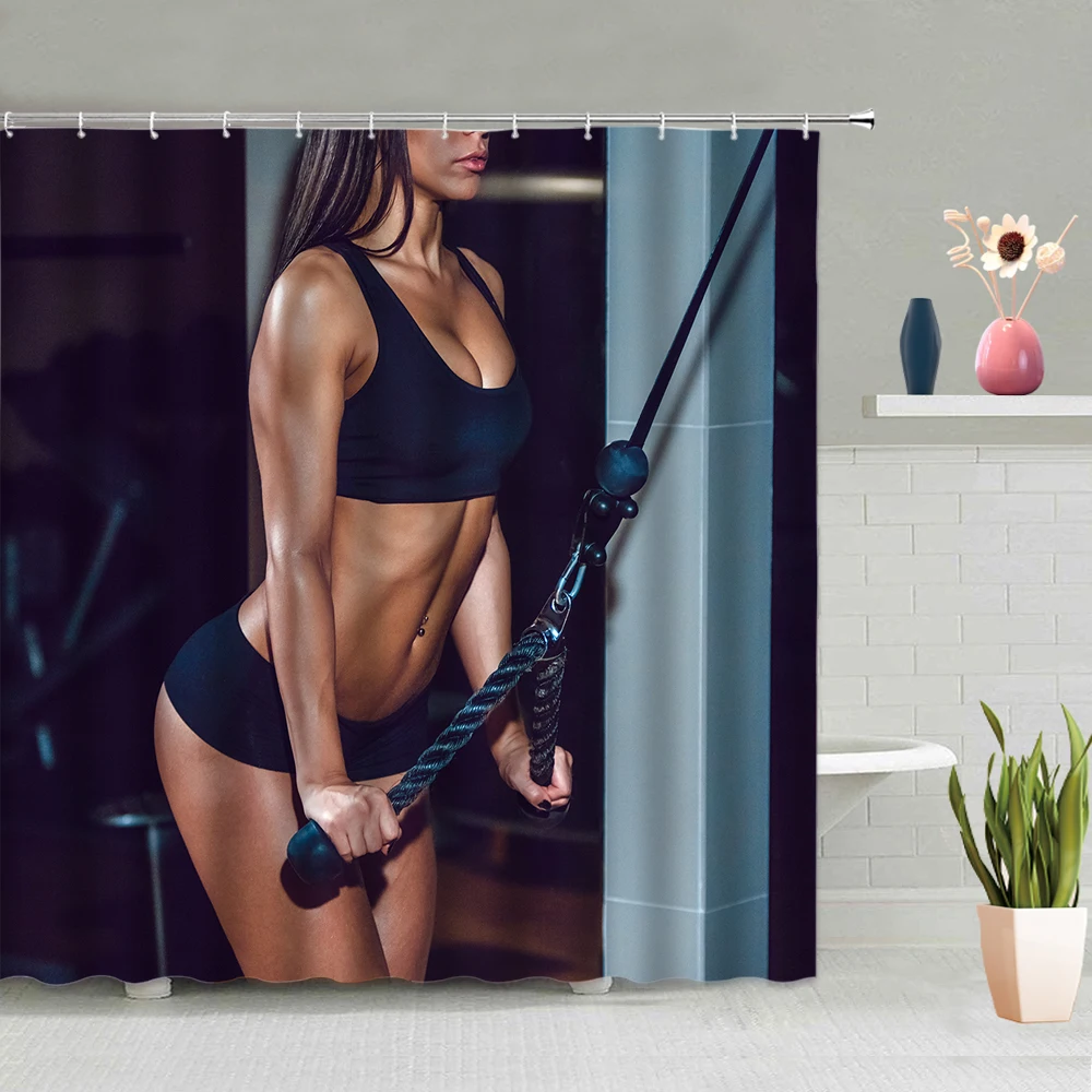 

Muscle Man Sexy Woman Shower Curtain Fitness Sports Self-Discipline Bath Curtain Home Bathroom Decor Bathtub Screen with Hooks