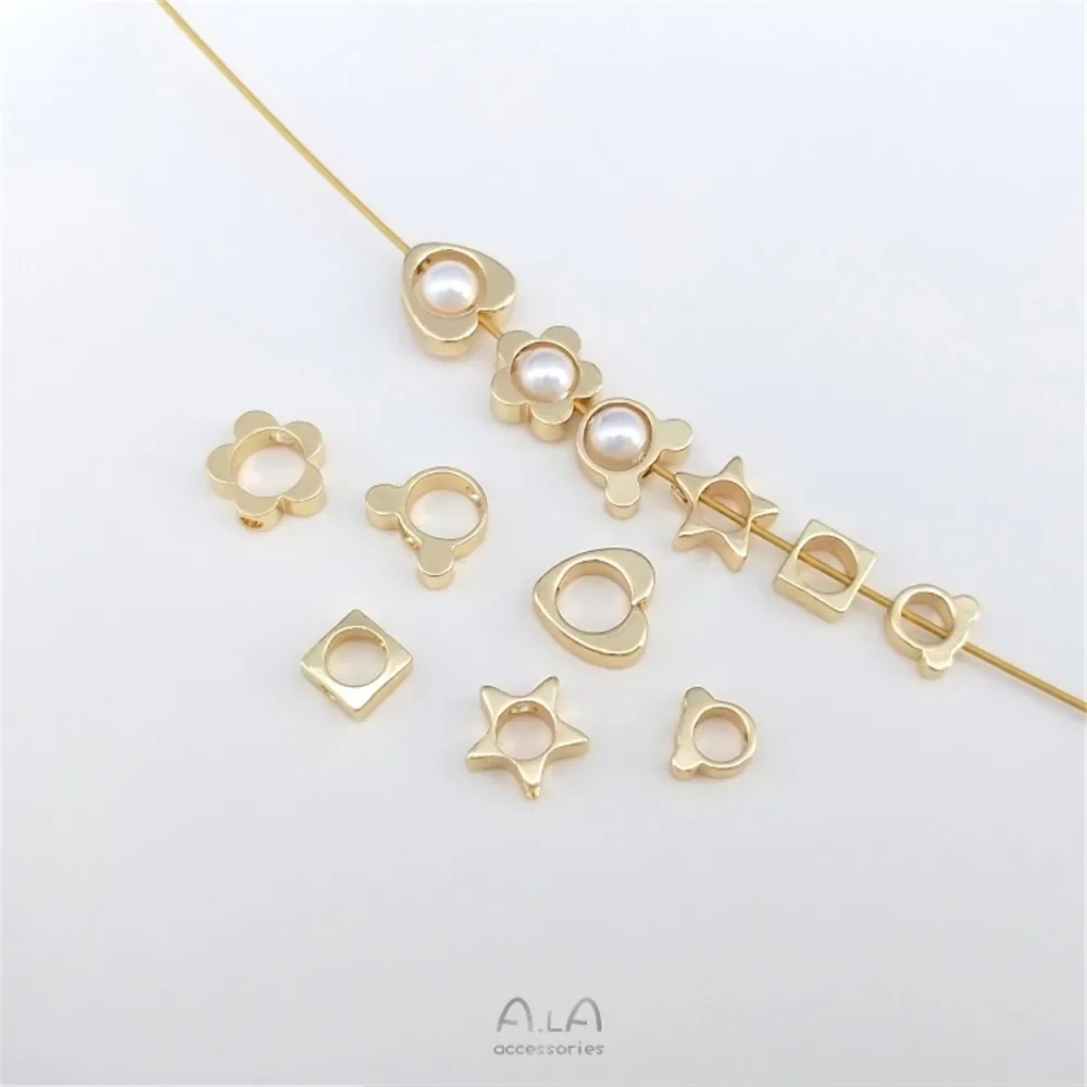 

14K gold flower peach heart pentagonal star bear flat square set bead ring diy hand bracelet septa bead accessories