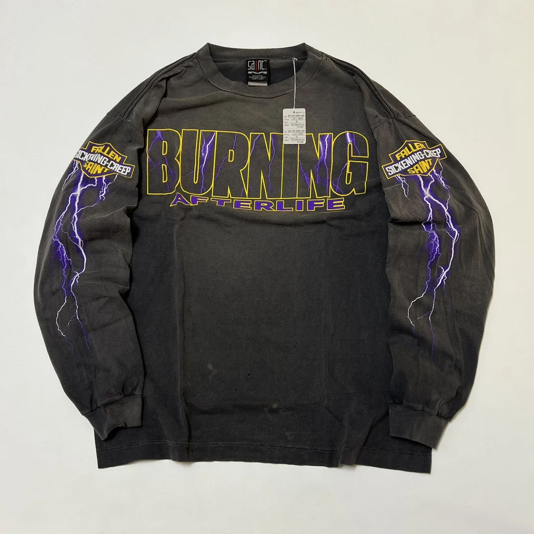 

23SS Saint Spring Summer Men's Top Quality Vintage Oversize Washed Lightning Printed Long Sleeve