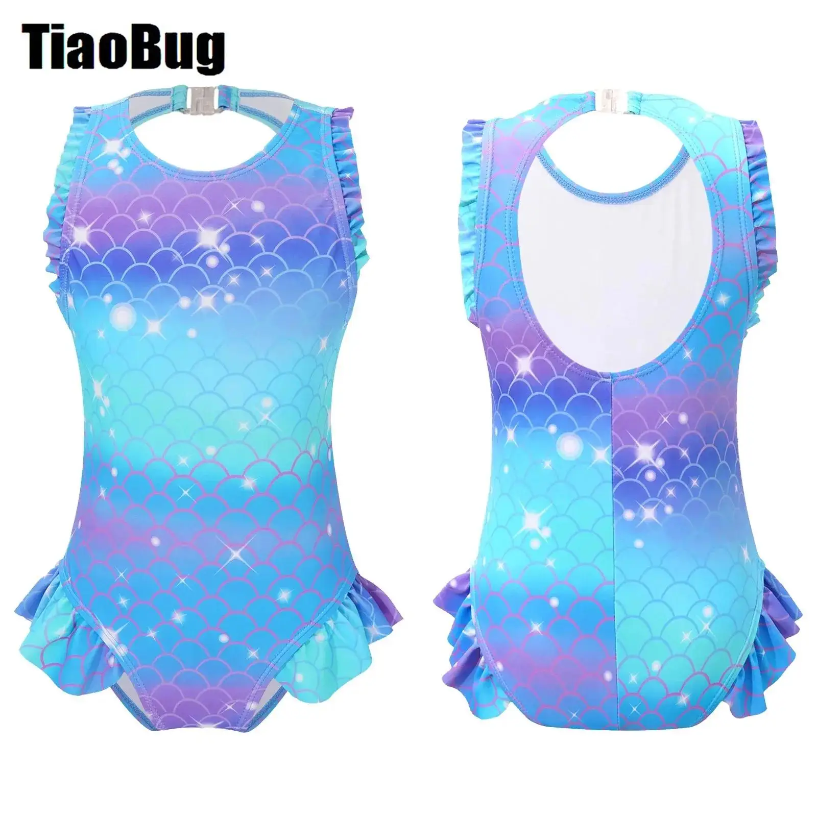 

Kids Girls Fish Scales Print One-piece Swimsuit Open Back Ruffle Flounce Jumpsuit Mermaid Bathing Suit Beach Athletic Swimwear