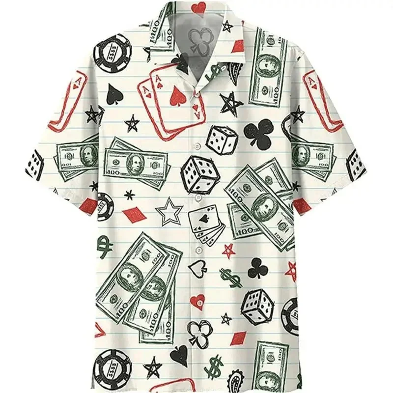 Casino Poker Dice Pattern Beach Shirt For Men Money 3D Printed Hawaiian Shirts Holiday Short Sleeve Lapel Top Loose Women Blouse 5