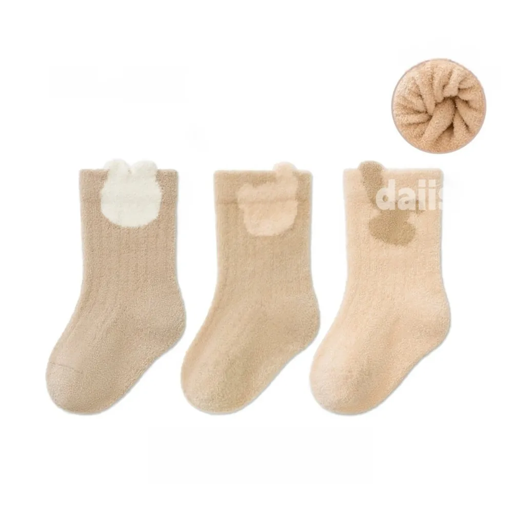 3 Pairs Winter Terry Fur Thicken Kids Newborn Baby Anti-slip Socks Cute Cartoon Floor Playing Plush Socks 0-5Y
