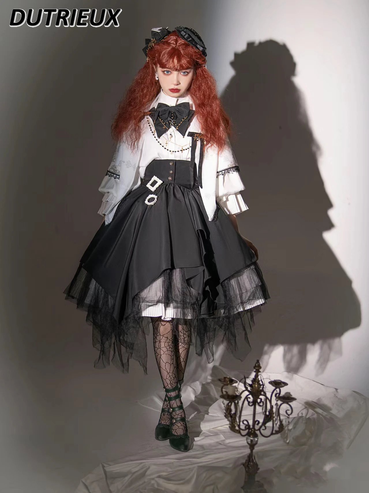 Lolita Spring Autumn Suit Halloween Party White Long Sleeve Shirt and Mid-Length Cos Skirt Two Piece Sets Womens Outifits