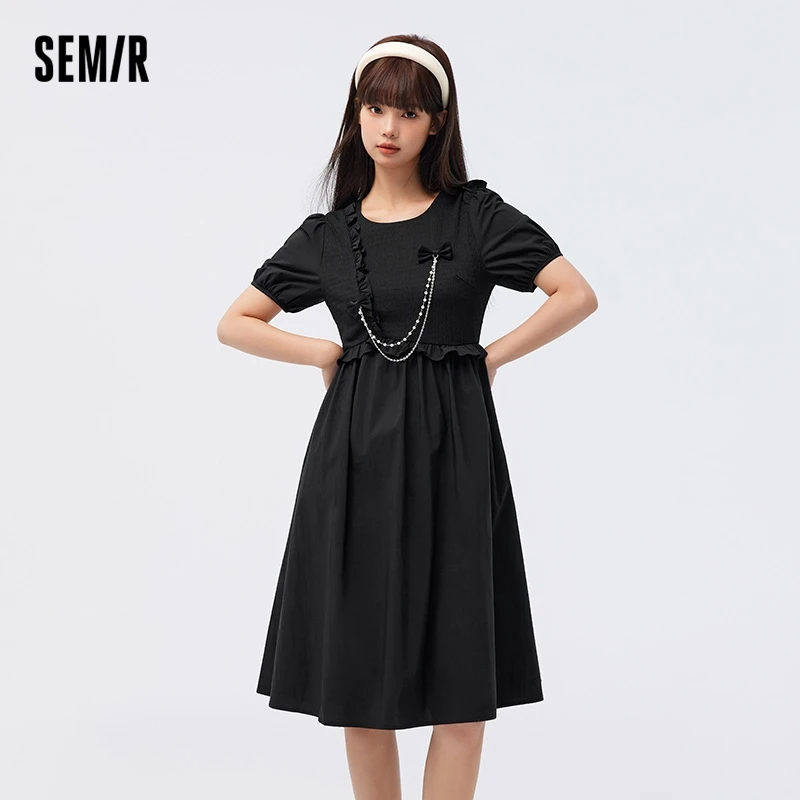 

Semir Dress Women Bowknot Wood Ears Sweet Summer Bubble Sleeve Splice Midlength Dress Sweet Cool