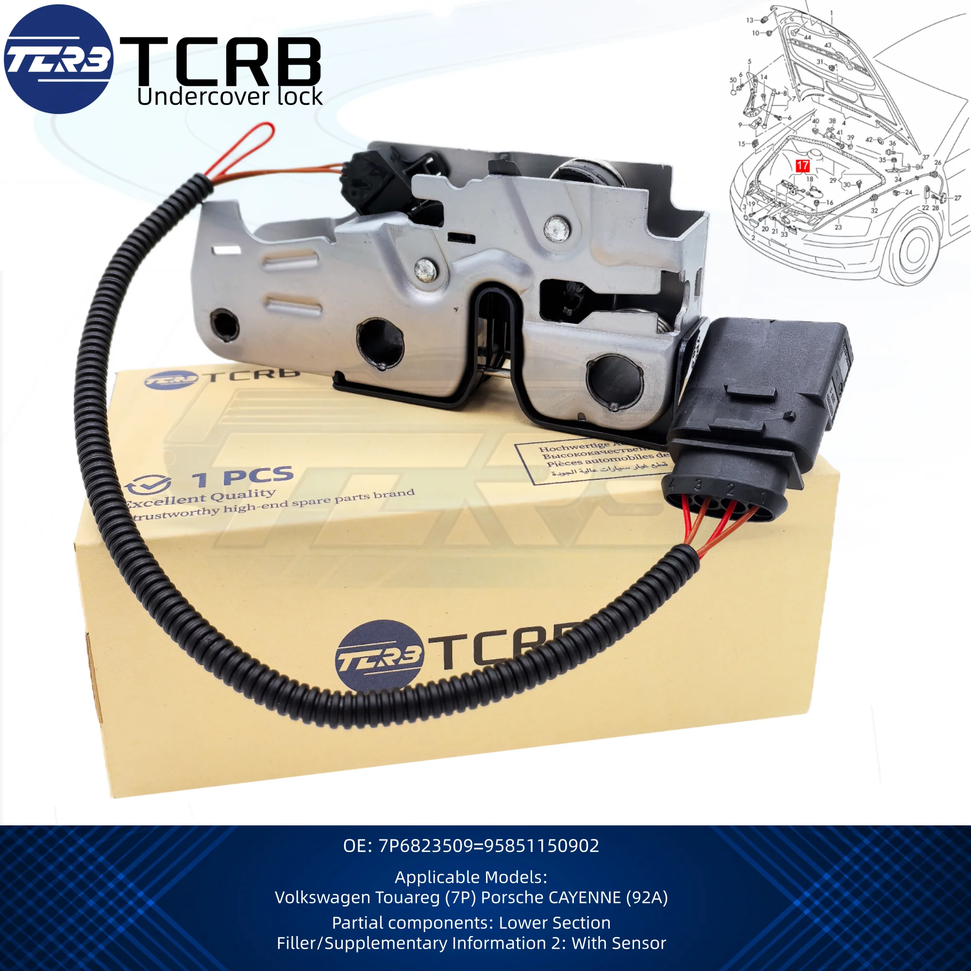 95851150902 TCRB 엑설런트-포 투아렉 엔진 후드 래치 잠금장치 7P6823509 7P6 823 509 후드 커버 잠금장치용