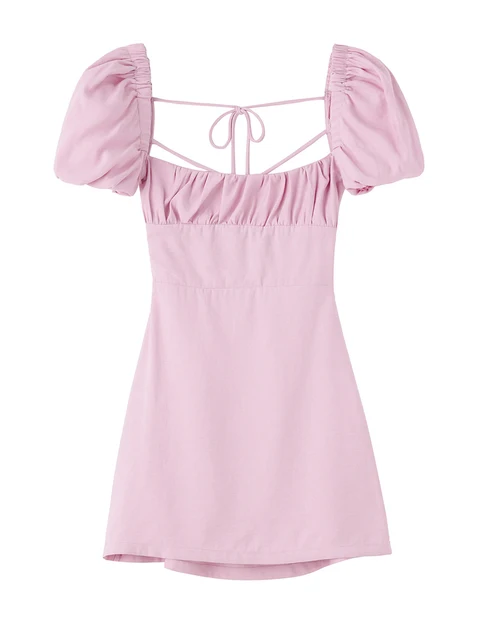 XNWMNZ women white fashion linen blend dress female square neck short puff sleeves backless crossover straps dress for women's Pink