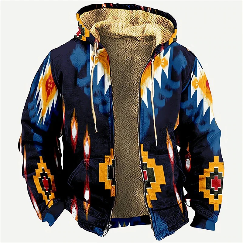 

Men's Zipper Hoodies Winter Fleece Parka Coat Ethnic Tribal Graphics Jackets Sweatshirts Outerwear Daily Hooded Zip-up Overcoat