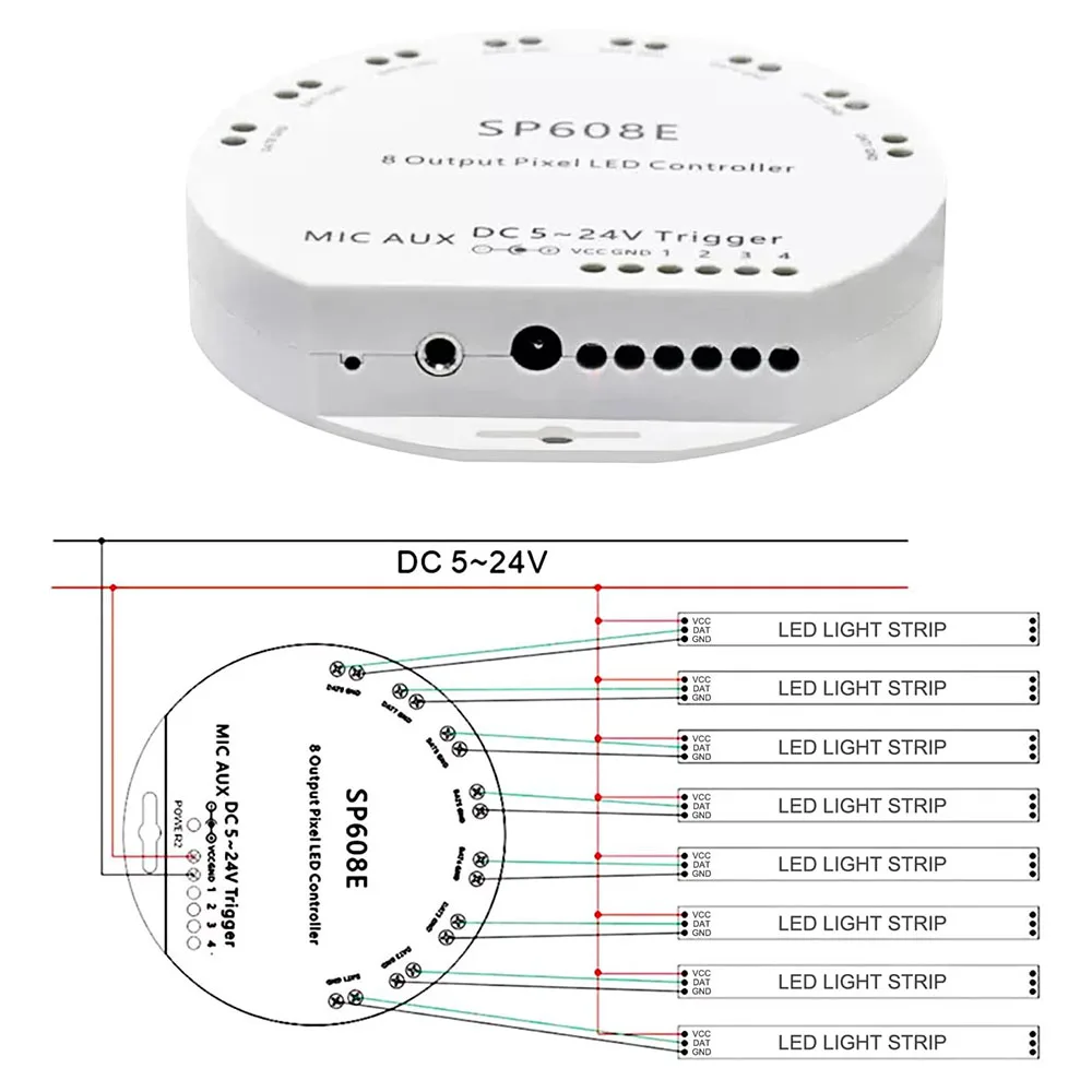 Télécommande Bluetooth SP608E Pour Bandeaux LED WS2811, WS2812B, WS2813, WS2815 - 8 Sorties - Neuf