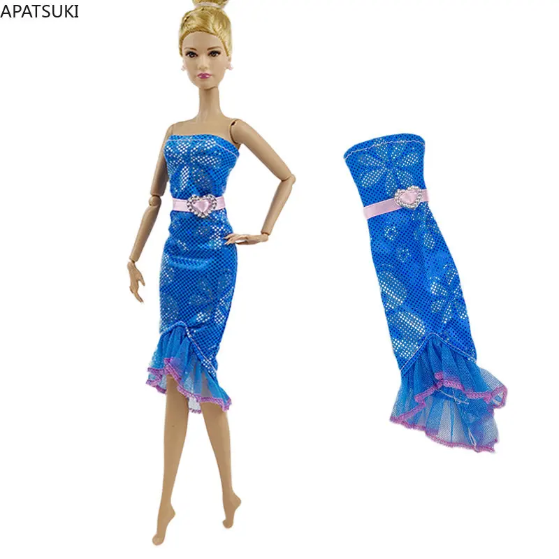 Blue Glitter Ruffle Fashion Doll Dress Per Barbie Doll Outfit Abbigliamento Sirena Fishtail Party Gown 1/6 Accessori Per Bambole Fai Da Te