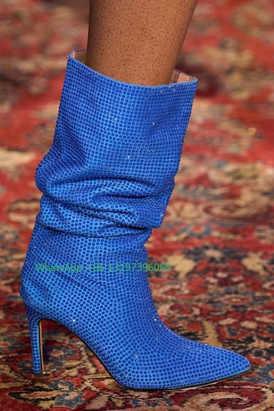 

Lady Bling Blue Rhinestone Design Calf Boots Sexy Pointed Toe Fall Summer Dress Shoes T SHOWS Party Boots Footwear Size 46 Boot