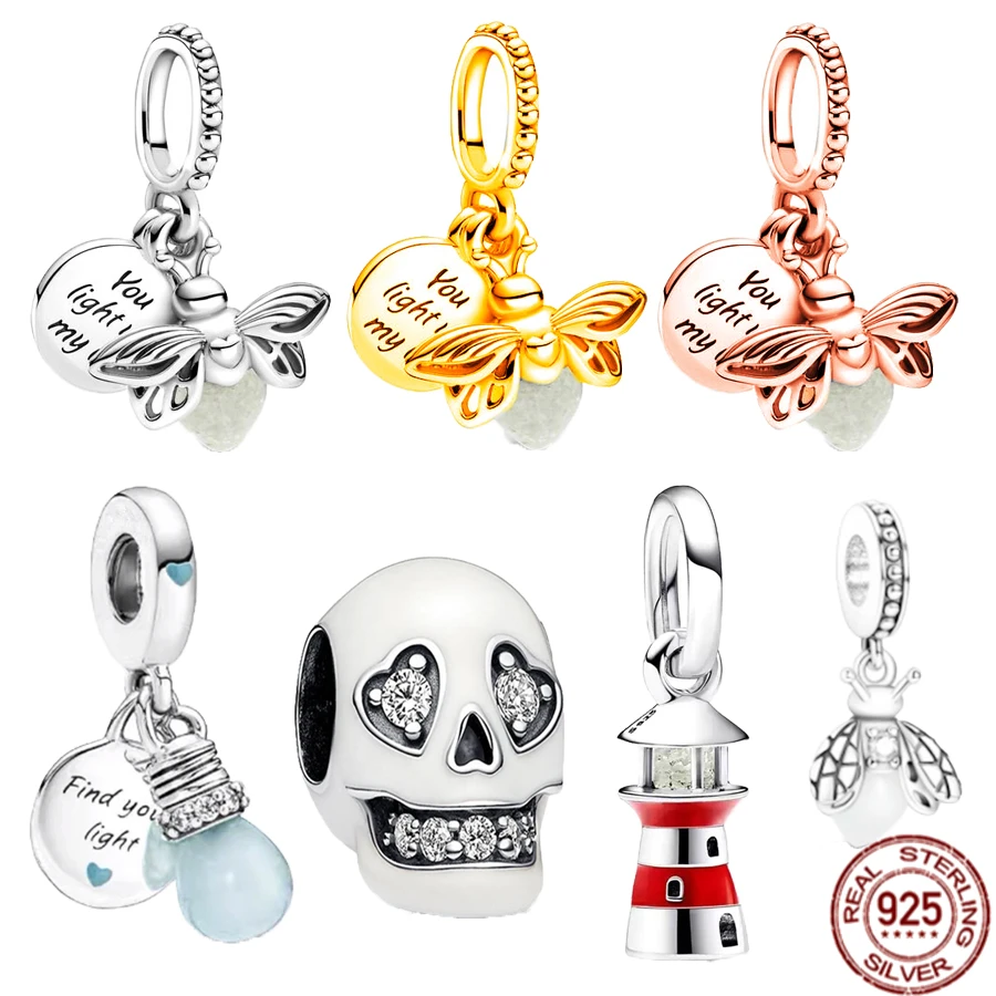 

Glow-in-the-dark 925 Sterling Silver Firefly Lightbulb Lighthouse Skull Charm Bead Fit Original Pandora Bracelet Fashion Jewelry