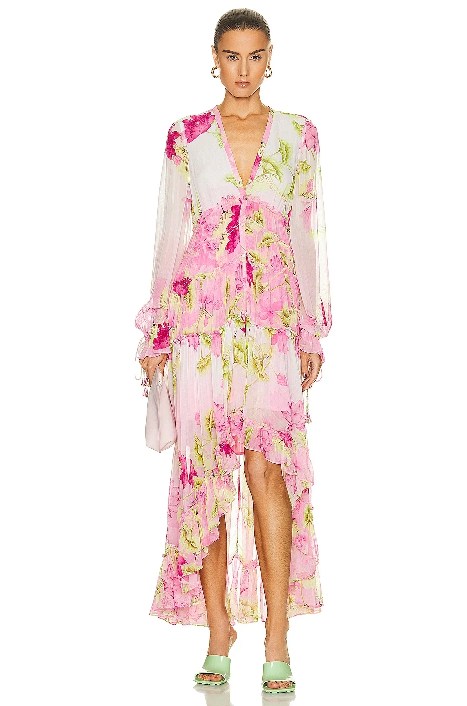 

Women's Ankle Length Dress V-Neck Printed Long Sleeve Asymmetric Ruffles Robe Cotton Sweet Spring 2023 New