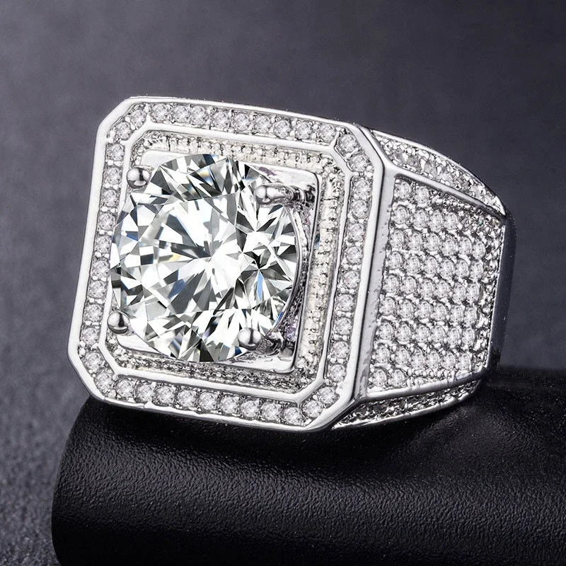 Milangirl Hip Hop Rhinestone Men Bling Square Ring Pave Setting CZ Wedding Engagement Rings
