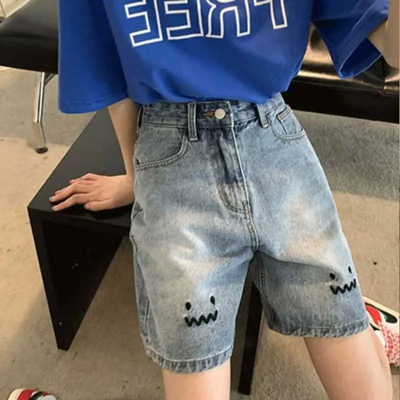 Women Jeans Shorts Streetwear Summer Cute Embroidery Denim Shorts High Waist  Wide Leg Baggy Half Pants Harajuku Clothes Y2K