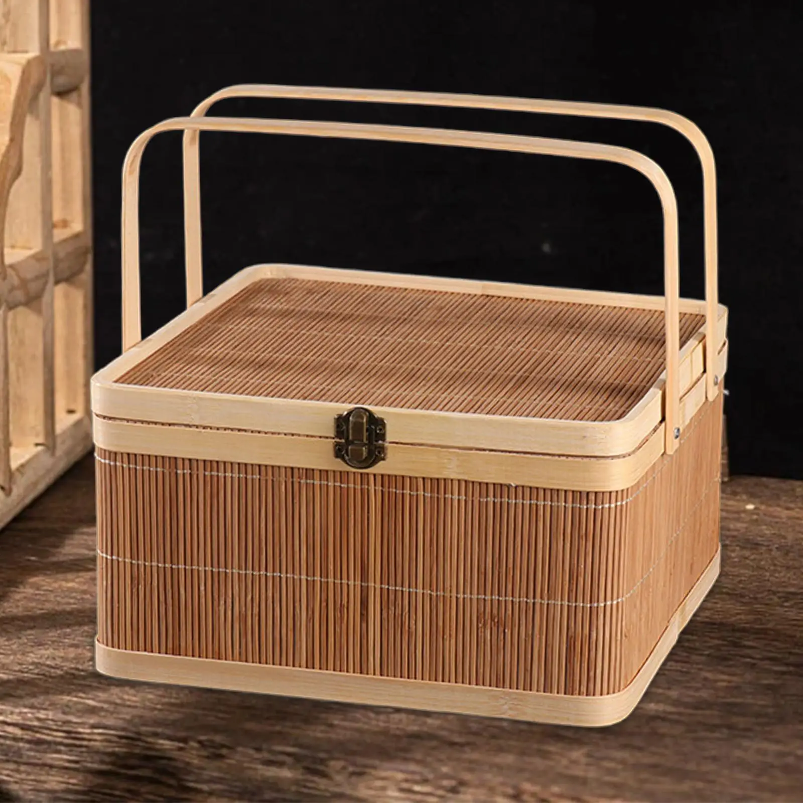 Bamboo Basket Serving Bread with Top Handle Cake Snacks Mooncake Gift Packing Basket Portable Organizer Food Bamboo Woven Basket