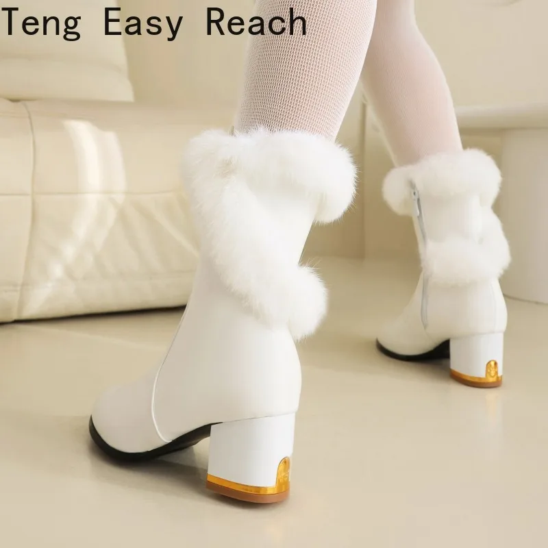 Winter True Fur Warm Women's Boots Fashion Zipper High Heels Women's Plush Ankle Boots Street Style White Ankle Boots for Women