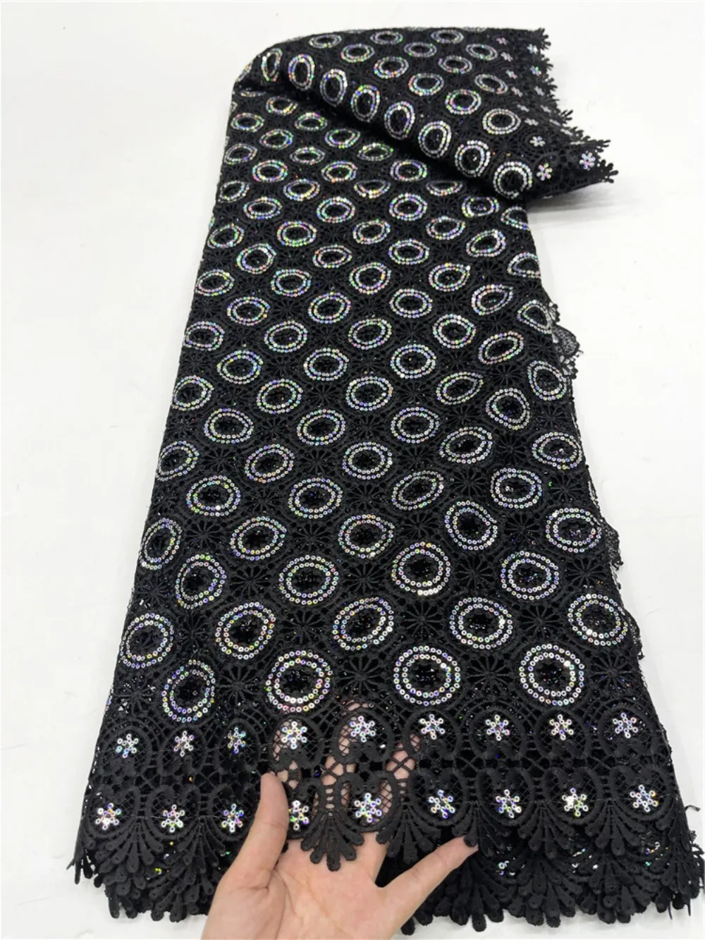

Skin Friendly African Polyester Embroidery Samll Sequins Guipure Tulle Fabric Nigerian Black Best Selling Lace CO1042