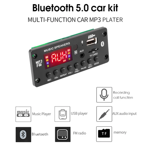 블루투스 5.0 MP3 디코더 보드, 차량용 MP3 플레이어, USB FM 통화 녹음 지원, 폴더 전환, 2*25W, 50W, DC 7-15V 3
