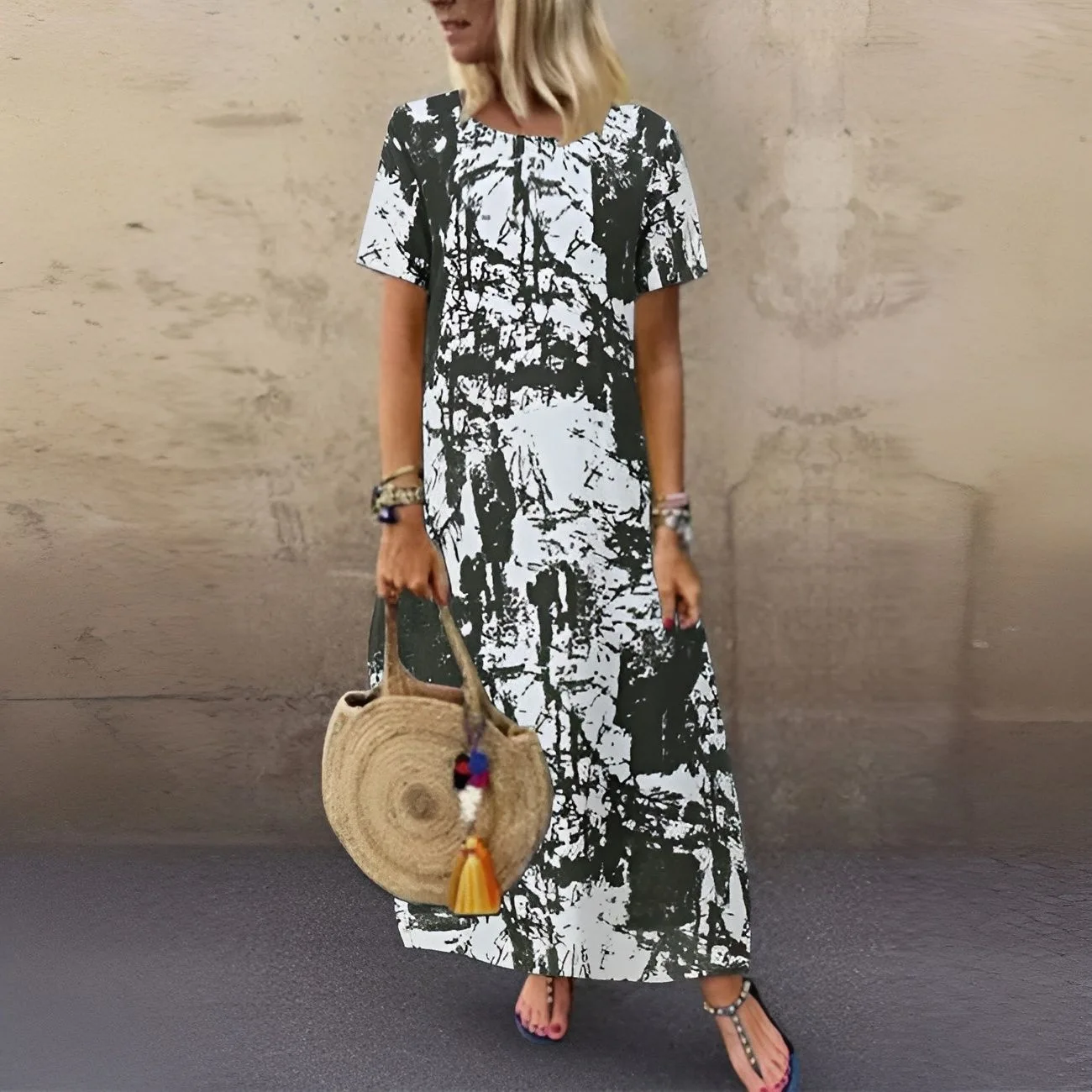 

2023 Bohemian Holiday Sundress Summer Women Vintage Print Short Sleeve Beach Dress Casual Loose Long Vestido Robe Femme Clothes