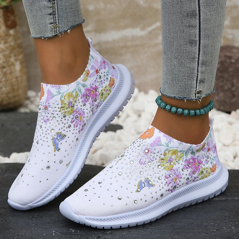 

Soft Sole Crystal Knitted Sneakers:Women's Fashion Print Breathable Mesh Flats. Lightweight, Non-Slip Walking Shoes in Plus Size