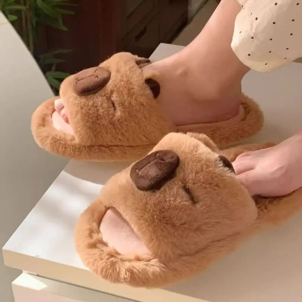 Soft Warm Capybara Slippers Cute Thick Sole Capibara Plush One-line Slippers Silent Non-Slip Winter Fluffy Kapibara Slides