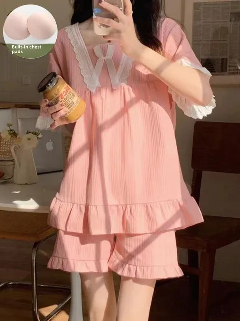 Summer ort Sve Spwear Set for Women Cute Princ Sle Home Clothes with Chest Pad Two-Piece Polyester Fiber Set