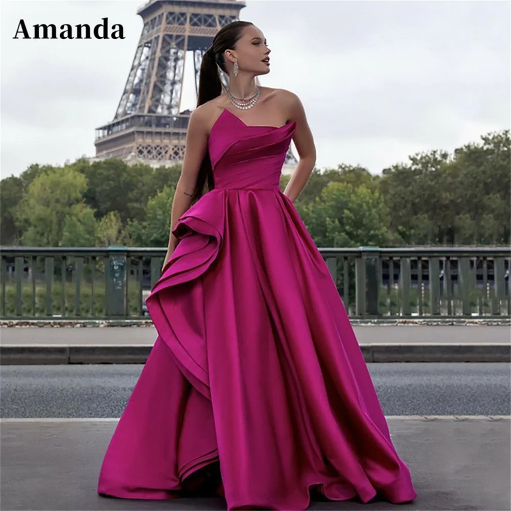 

Amanda Elegantly Side Crimping Floor Lenght فساتين سهره فاخره2023 Satin A-line Prom Dresses Nobility Strapless Vestidos De Noche