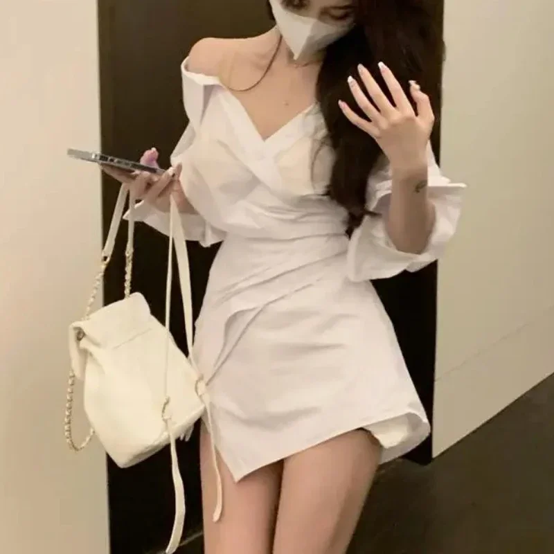 BSDFFO Women Shirt Dresses Sexy Korean Fashion Off Shoulder Irregular Solid Turn Down Collar Slim Short Mini Dress V Neck S