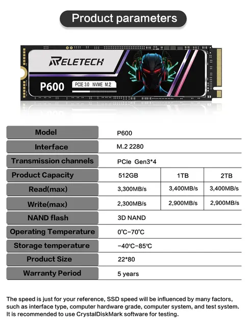 Reletech P600 M2 SSD NVMe 1TB 2TB 512G SSD M.2 2280 PCIe Gen3.0x4 Internal Solid State Drive Hard Disk For Laptop Desktop 6
