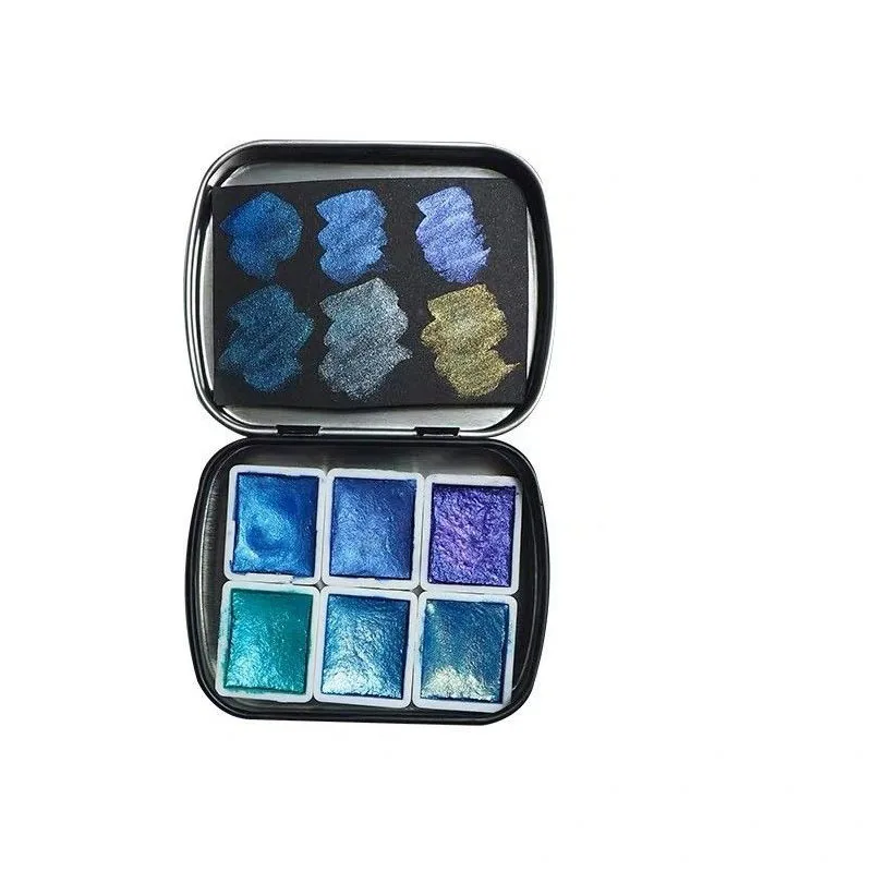 POEZIE 6 Colors Solid Metallic Watercolor Paint Set 2ml Glitter Water Color With Tin Box For Painting Aquarela Art Supplies