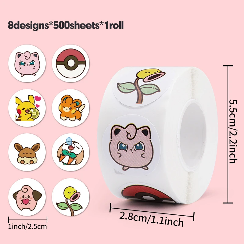 500pcs/롤 만화 포켓몬 스티커 Kawaii 애니메이션 라운드 인감 데칼 DIY 노트북 귀여운 책 어린이 보상 어린이 스티커 장난감 선물