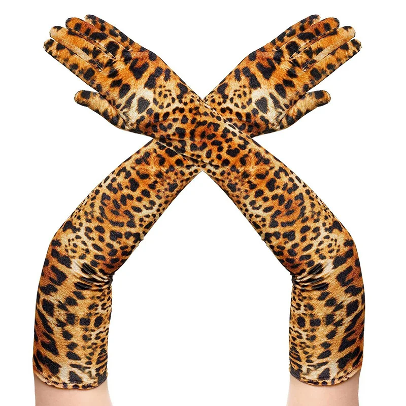 

Women Fashion Long Leopard Zebra Print Gold Velvet Dinner Dress Dance Glove Halloween Makeup Party Cosplay Full Finger Mitten