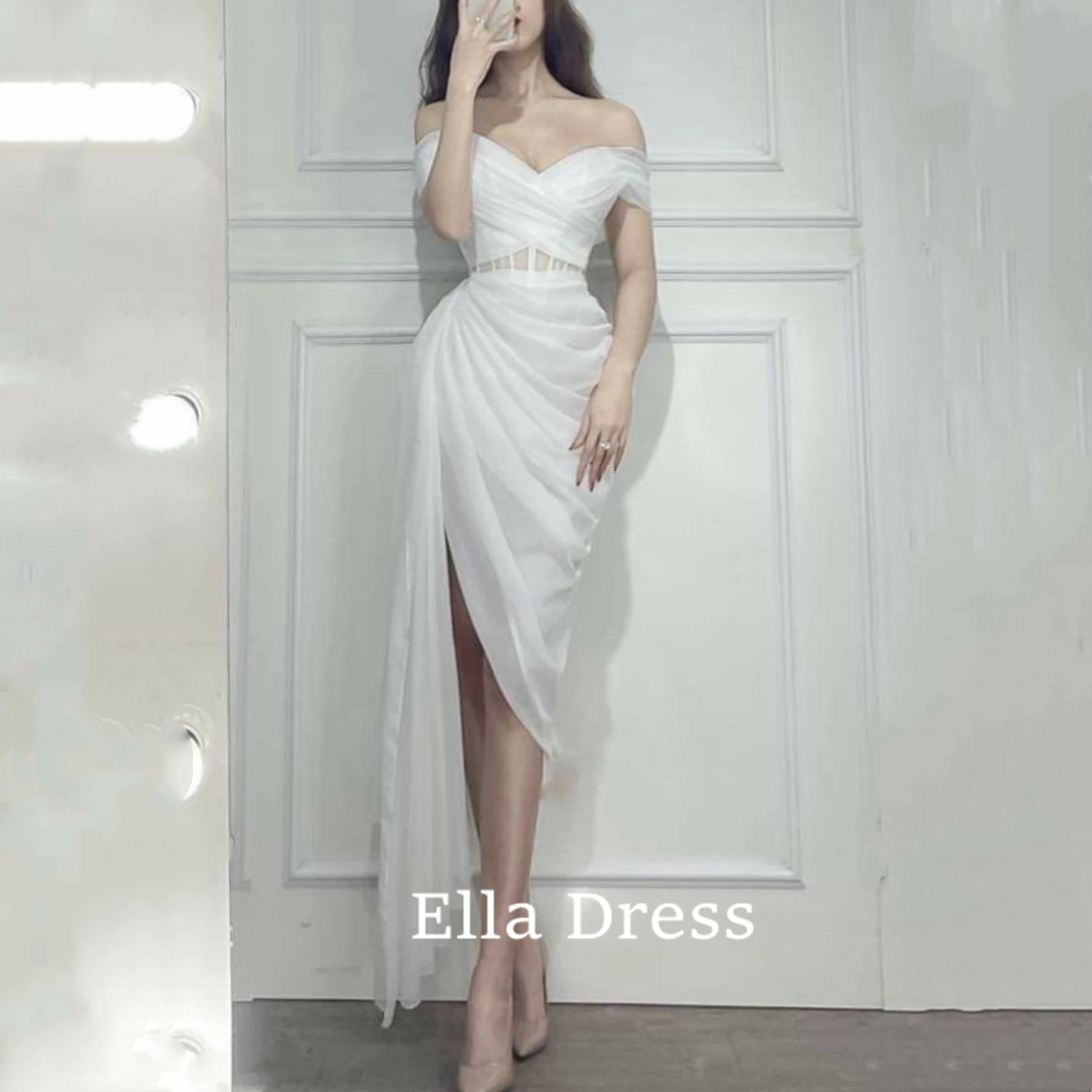 

Ella Boat Neck White Tulle Side Slit Sexy Evening Dress Long Dresses for Wedding Party Dresses and Events Elegant Gown Prom Gala