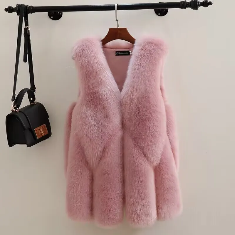 Winter Korean Style Maternity Faux Fur Coats Solid Color V-Neck Sleeveless Pregnant Woman Fur Vest Fashion Fox Cardigans